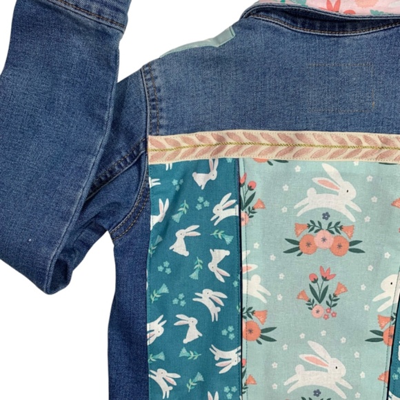 Old Navy Denim Jean Jacket Trucker Pink Aqua Blue Bunny Charm Crafted Girls Med - Picture 9 of 12